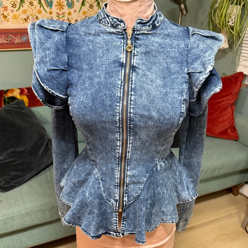 Vintage Blue Jean stretch Lady GaGa peplum feminine Jacket Small - Picture 4 of 13